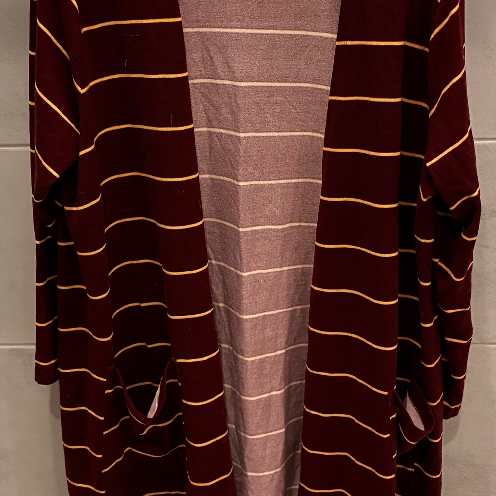 NWT LuLaRoe Caroline Cardigan Burgundy Duster Stripe Long Sleeve Pockets Sz 2XL